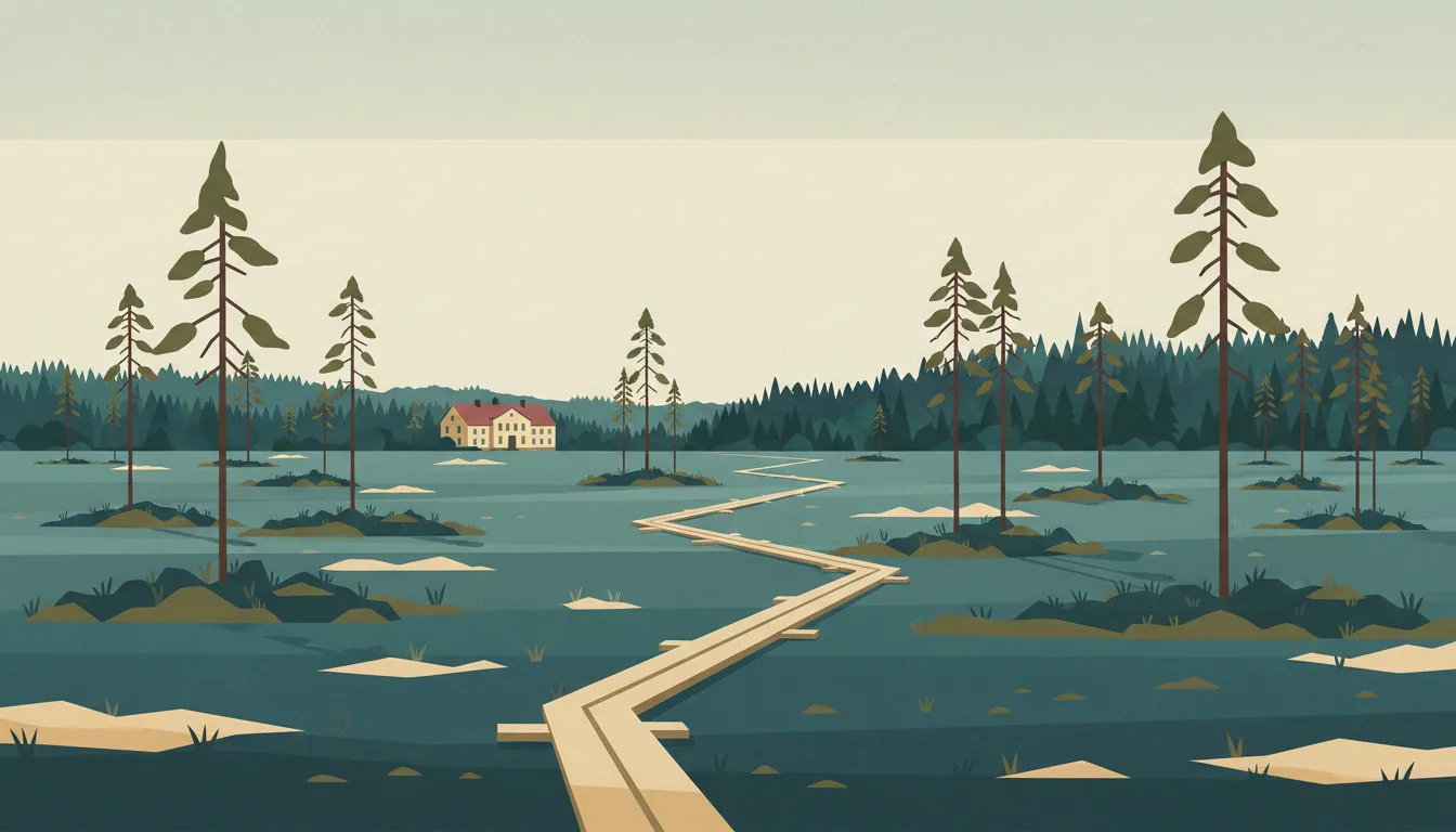 Editorial illustration of a Lahemaa bog boardwalk, pines and a manor house in low northern light.