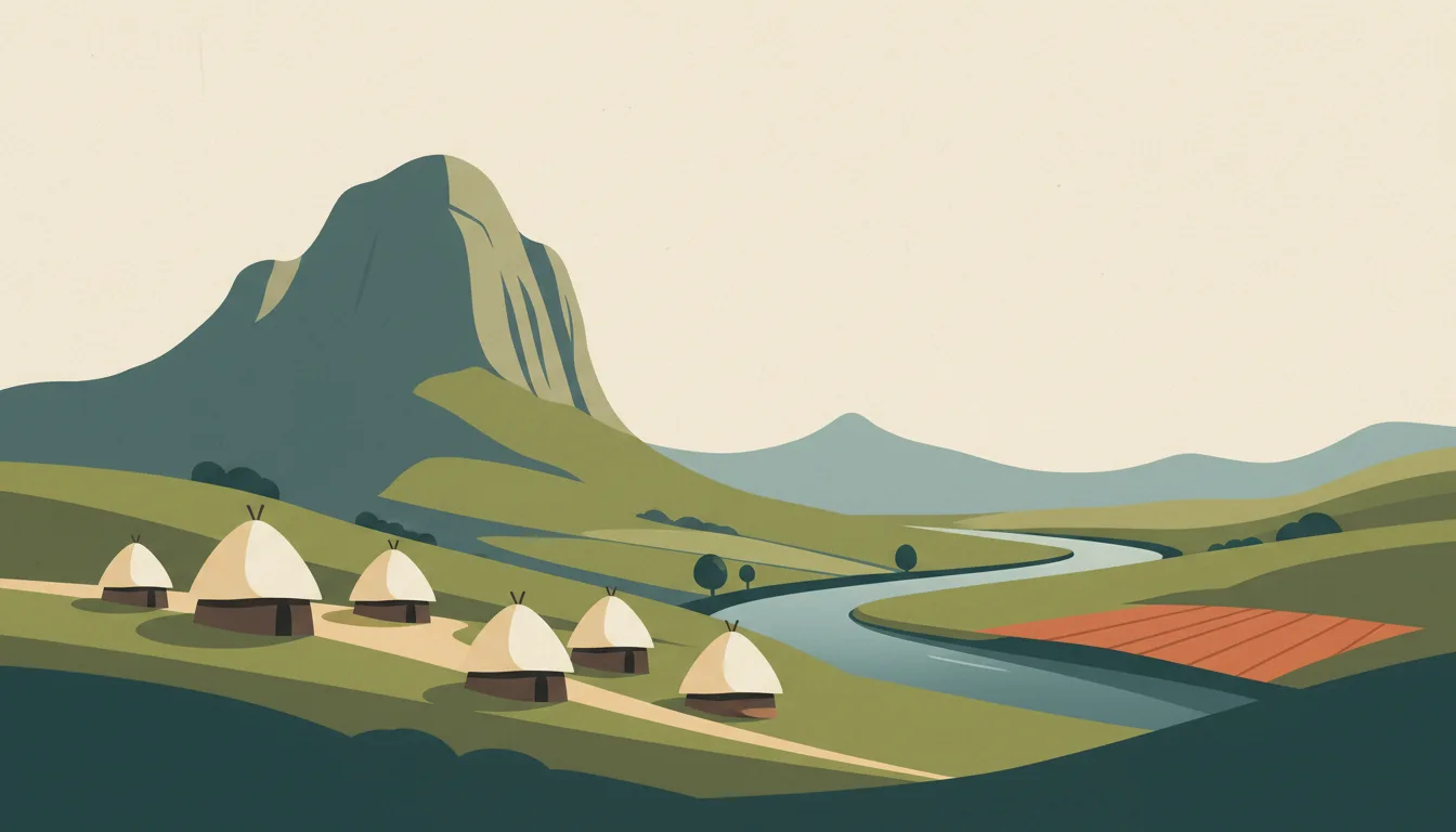 Editorial illustration of ezulwini: the green Ezulwini valley with the Sheba's Breast peak and traditional beehive huts.