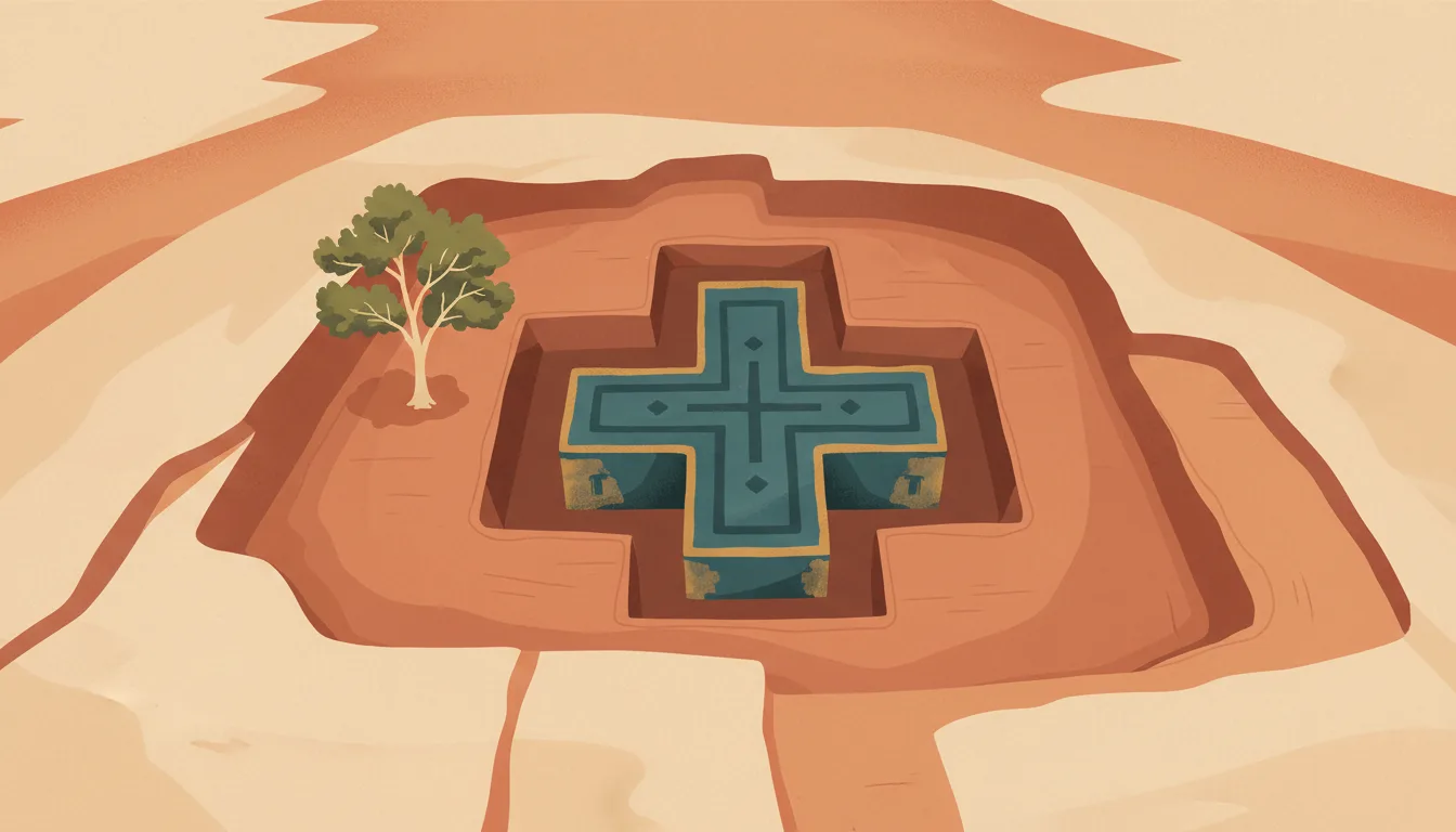 Editorial illustration of a rock-hewn cross-shaped church at Lalibela seen from above.