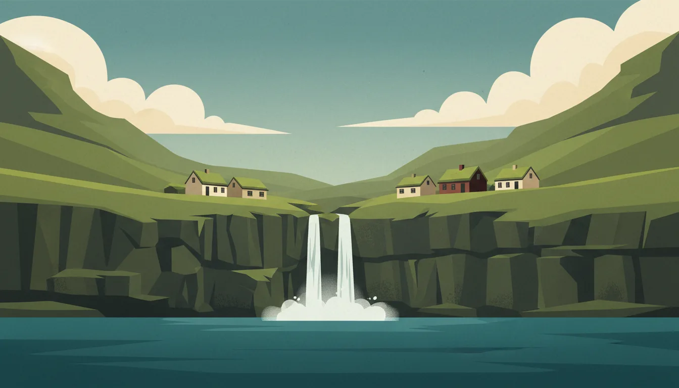 Editorial illustration of gasadalur: the waterfall dropping from a green cliff straight into the Atlantic, turf-roofed houses above.