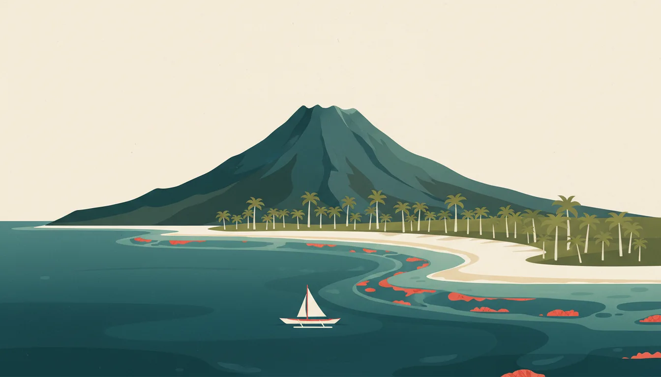 Editorial illustration of a volcanic Yasawa island with palms and a white beach in a reef lagoon.