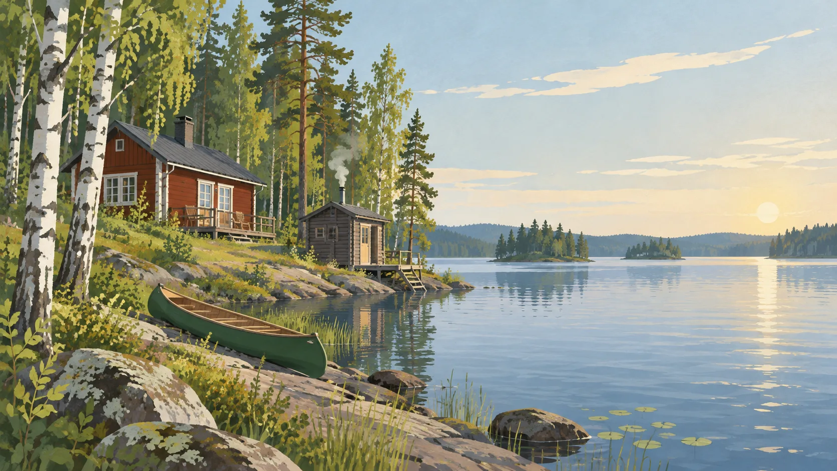 Editorial illustration of a Finnish lake cabin, sauna, birch forest and long summer light.
