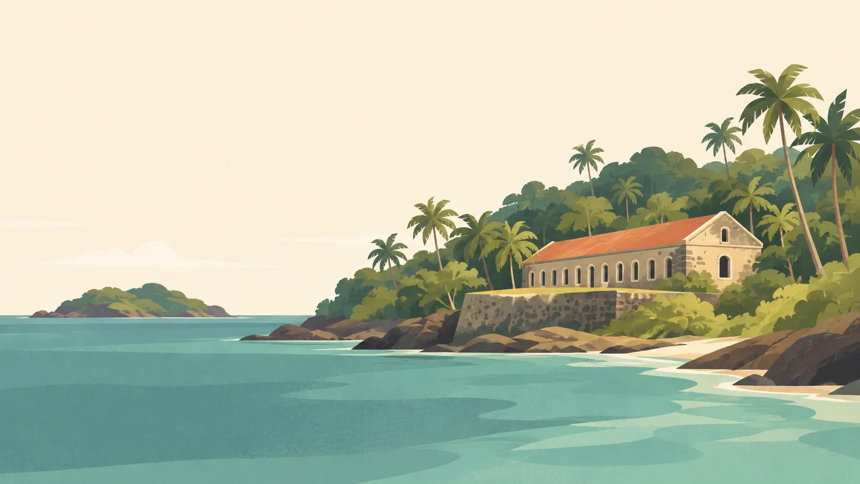 Editorial illustration of French Guiana's Îles du Salut: an old red-roofed stone building amid broad tropical palms on Île Royale, warm rocky shore and quiet Atlantic green-blue water.