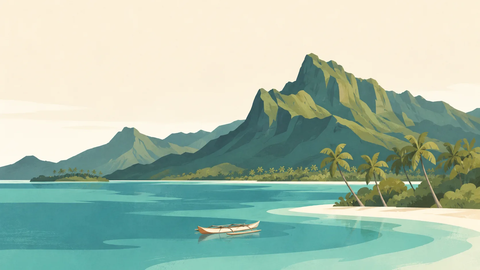 Editorial illustration of French Polynesia's Moorea: one distinctive lush volcanic ridge above a quiet broad blue-green lagoon, a small traditional canoe and a low palm-lined motu, restrained colours.