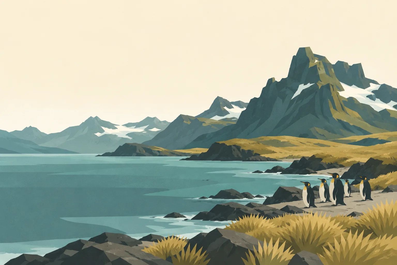 Editorial illustration: Kerguelen's rugged dark volcanic mountains above a grey teal inlet, sparse tawny tussock and a small group of king penguins on shore.