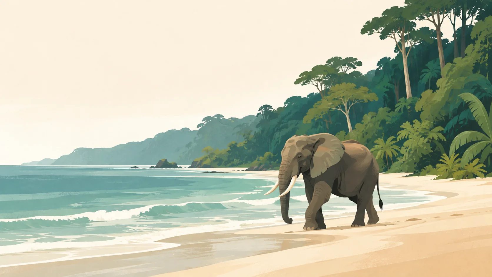 Editorial illustration of Gabon's Loango coast: one forest elephant walking along pale warm sand beside calm grey-teal Atlantic water and deep-green rainforest edge.
