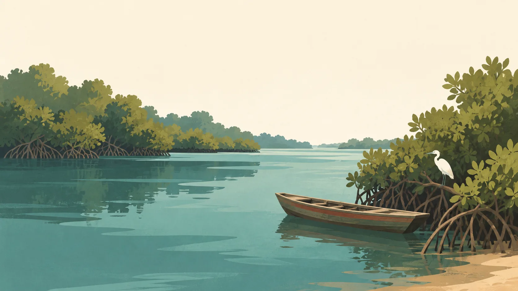 Editorial illustration of The Gambia River's quiet mangrove creek, broad deep-teal water, one slender unoccupied wooden pirogue, an egret and soft mangrove silhouettes against ivory sky.