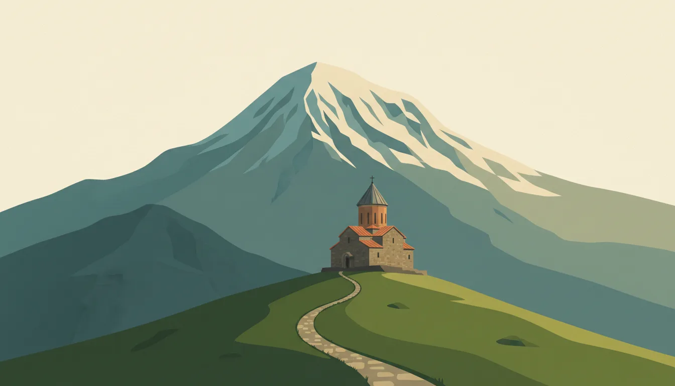 Editorial illustration of the Gergeti Trinity church on its ridge beneath Mount Kazbek.