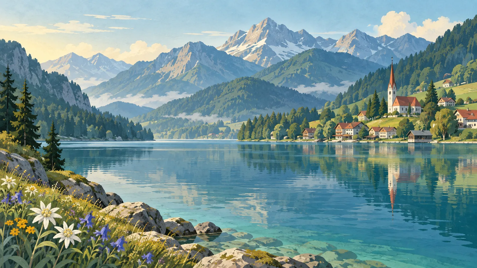 Editorial illustration of a Bavarian lake, forested mountains, a village and a small church.