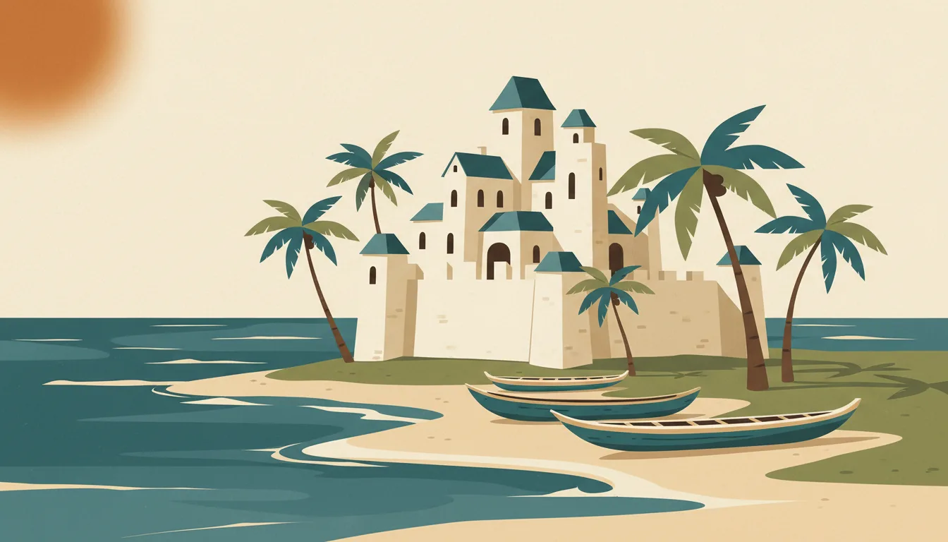 Editorial illustration of cape Coast: a whitewashed castle on the Atlantic shore with fishing canoes and coconut palms.