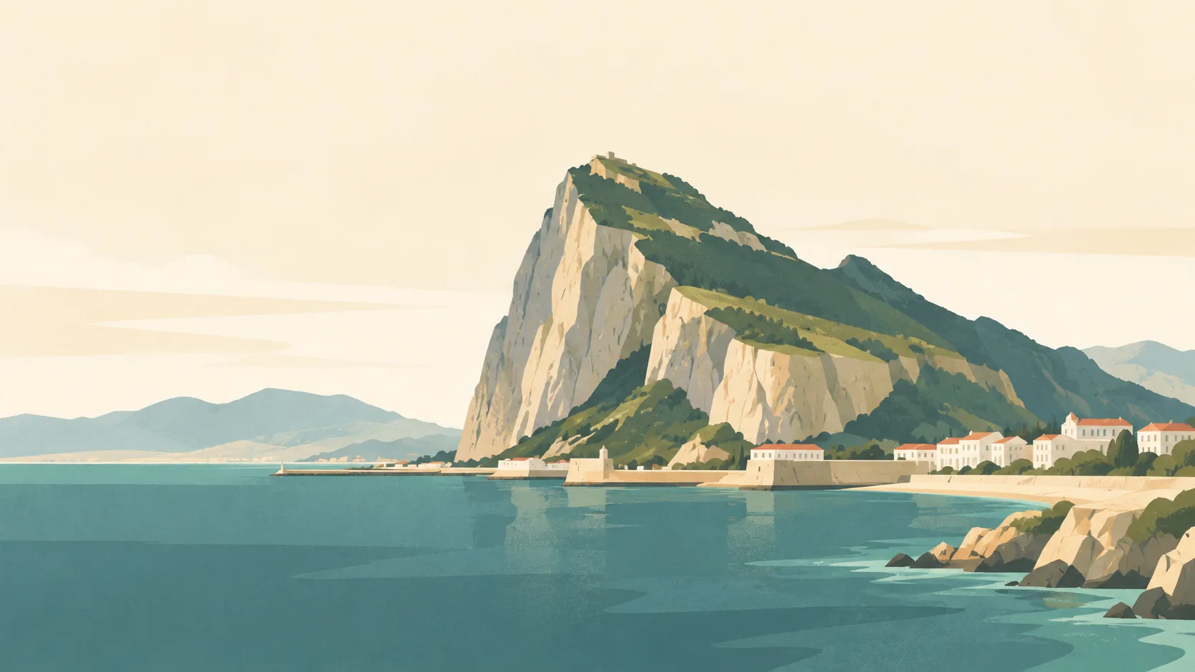 Editorial illustration of Gibraltar: the distinctive limestone Rock rising above a few low white buildings and deep muted-teal harbour water, soft warm haze.