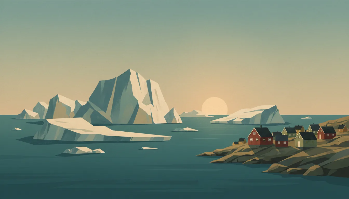 Editorial illustration of ilulissat: icebergs in Disko Bay under low Arctic sun, colourful wooden houses on the rocky shore.