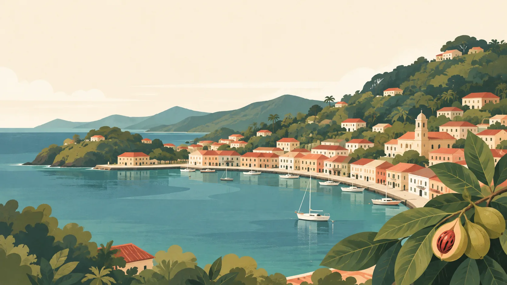 Editorial illustration of Grenada's St George's horseshoe Carenage harbour, a few pastel ochre buildings and red tile roofs rising into green hills, one nutmeg branch in foreground. Quiet intimate harbour.