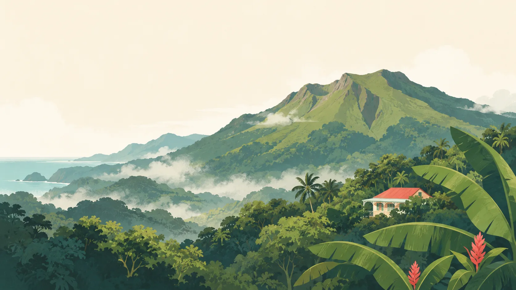 Editorial illustration of Guadeloupe's Basse-Terre: La Soufrière's broad green volcanic ridge behind rainforest, banana leaves and one small Creole wooden house, quiet pale mist.