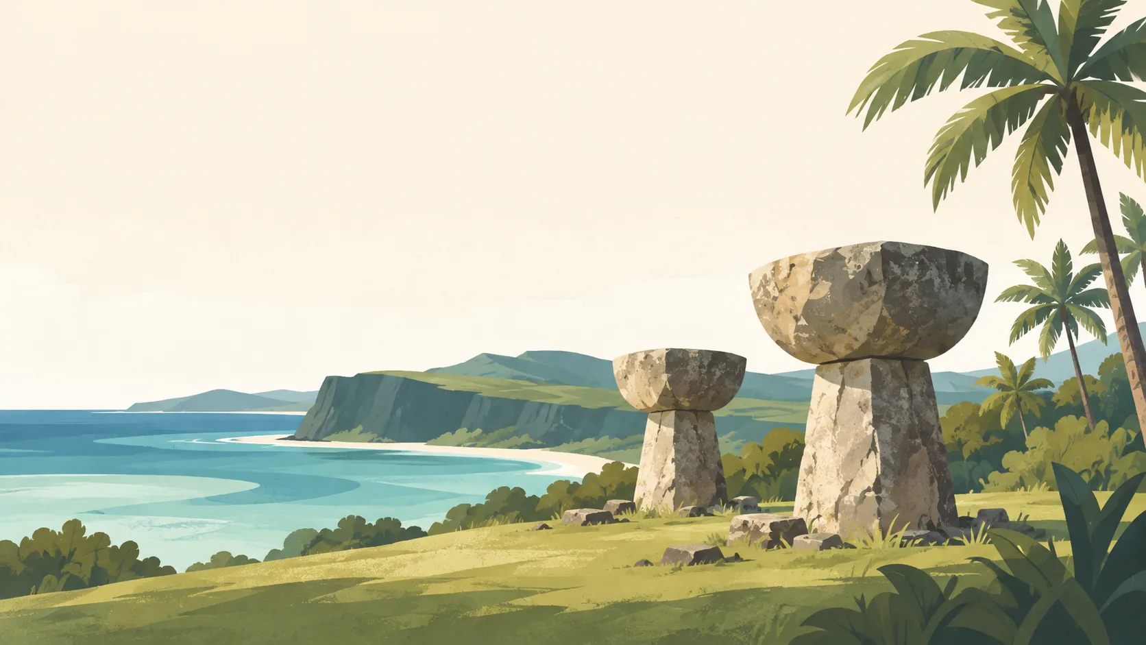 Editorial illustration of Guam: two ancient latte stone pillars in a quiet green clearing, a few broad palms and a muted blue-green coast beyond, warm limestone and paper-grain texture.