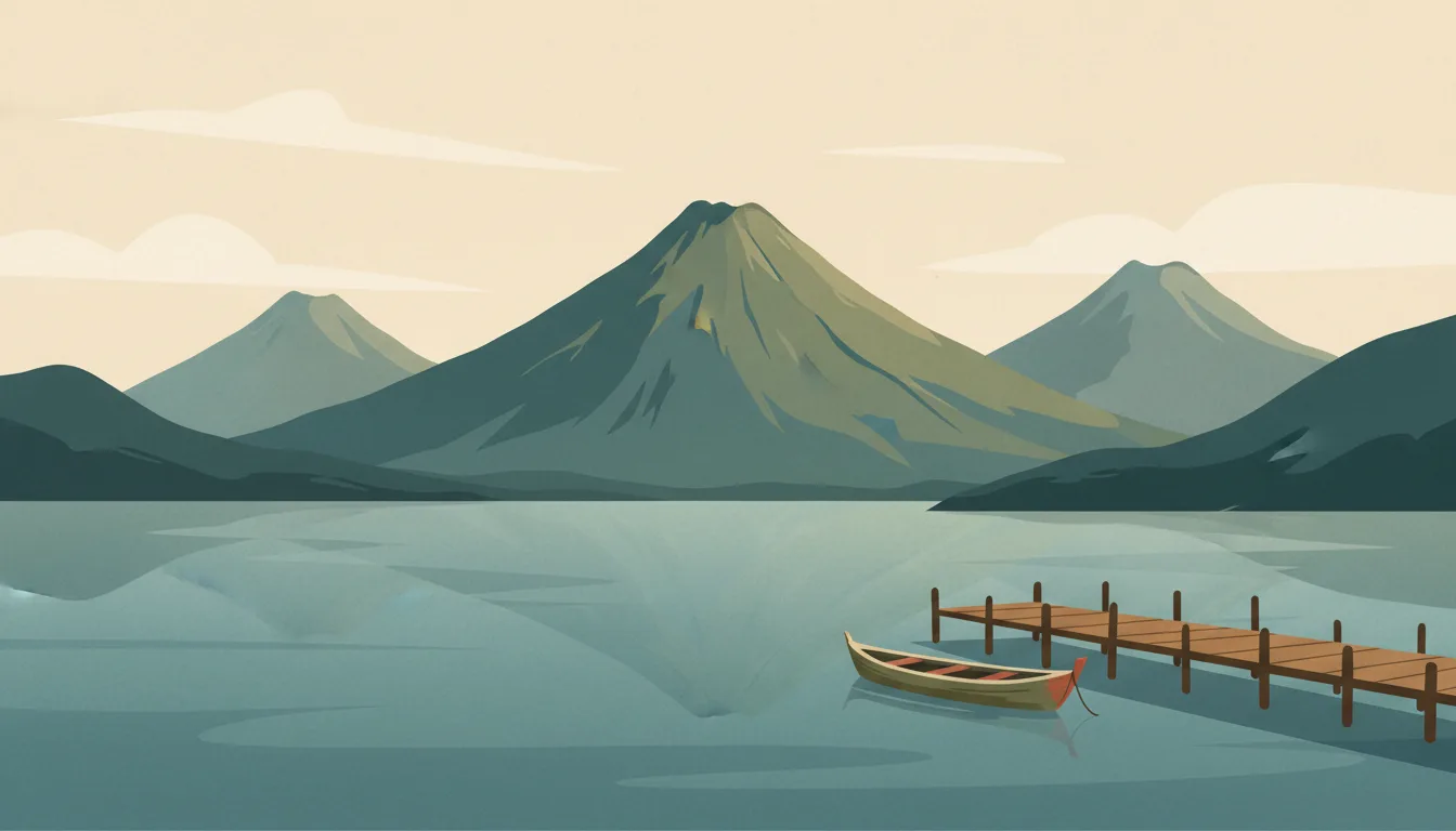 Editorial illustration of Lake Atitlán with three volcanoes, a wooden dock and a cayuco boat.