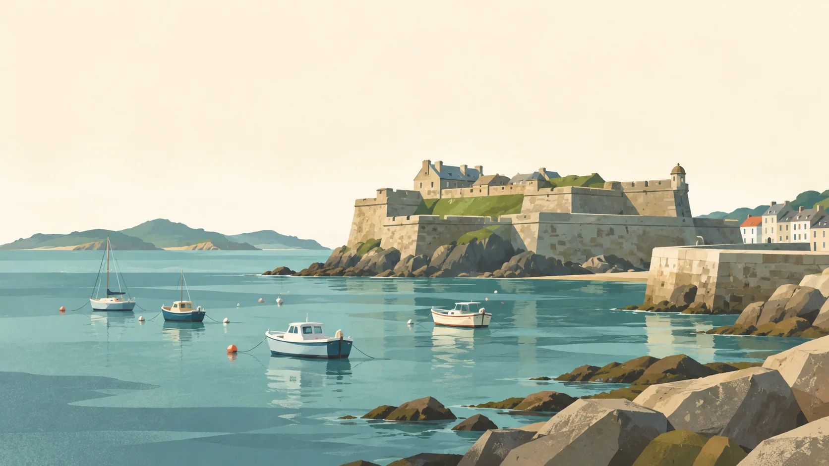 Editorial illustration of Guernsey: Castle Cornet's low stone walls at the edge of St Peter Port's harbour, a few small boats, granite shore and muted slate-blue Channel water.