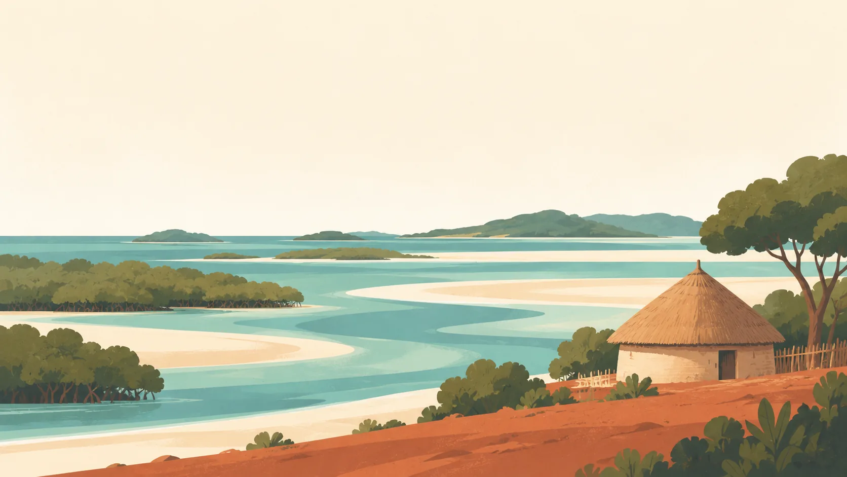 Editorial illustration of Guinea-Bissau's Bijagós archipelago: one round thatched village house beside a broad tidal sandflat, low mangroves and quiet teal channels, a restrained rust-red earth foreground.