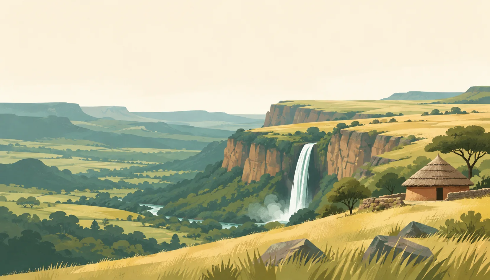 Editorial illustration of Guinea's Fouta Djallon highlands: a broad grassy plateau, a small sandstone escarpment and one waterfall into a green valley, a simple round thatched house.