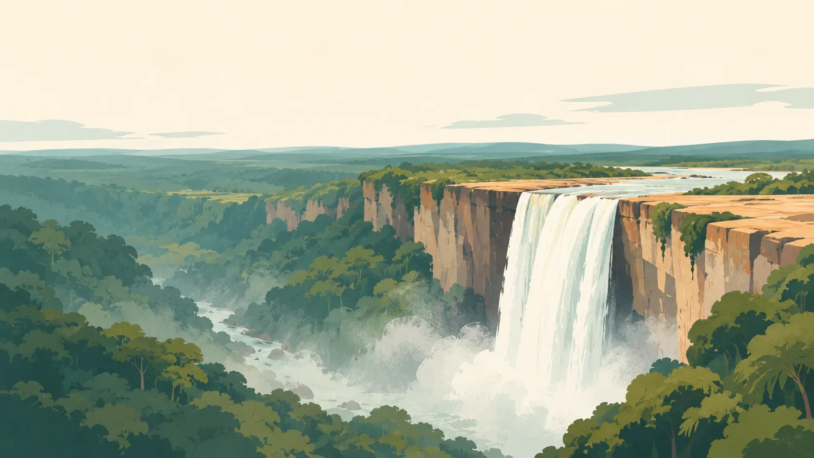 Editorial illustration of Guyana's Kaieteur Falls plunging from a broad forested sandstone escarpment into a deep green gorge, wide open savanna-coloured rock at the lip and soft spray.