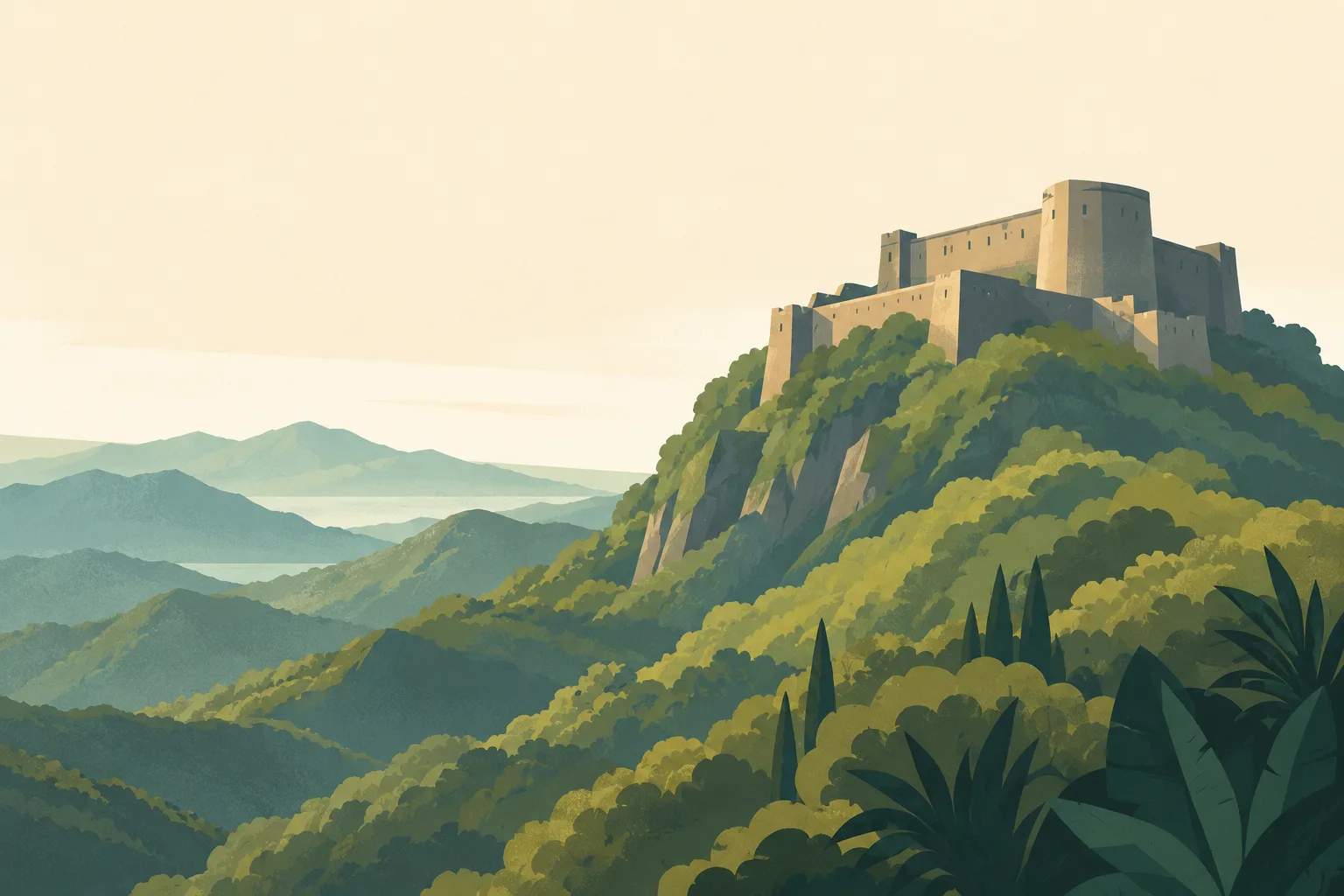 Editorial illustration: The Citadelle Laferriere stone fortress on a lush Haitian mountain ridge, one monumental angular fort above layered muted olive hills.