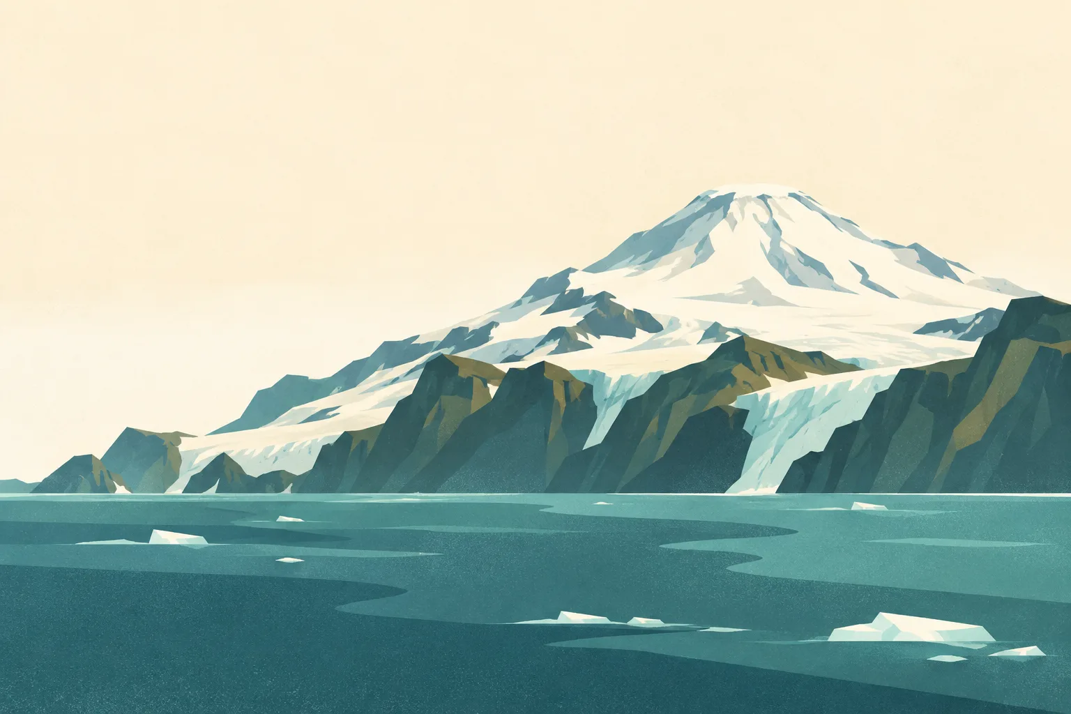 Editorial illustration: Heard Island: Big Ben's snow-covered volcanic dome rising behind dark glacier-fed cliffs and a cold subdued teal sea. No houses or ships.