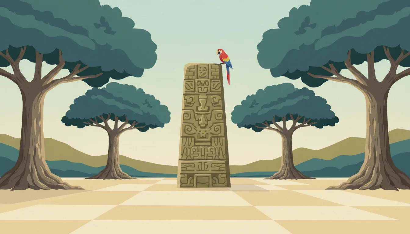 Editorial illustration of copan: a carved Maya stela in a plaza under ceiba trees with a scarlet macaw.