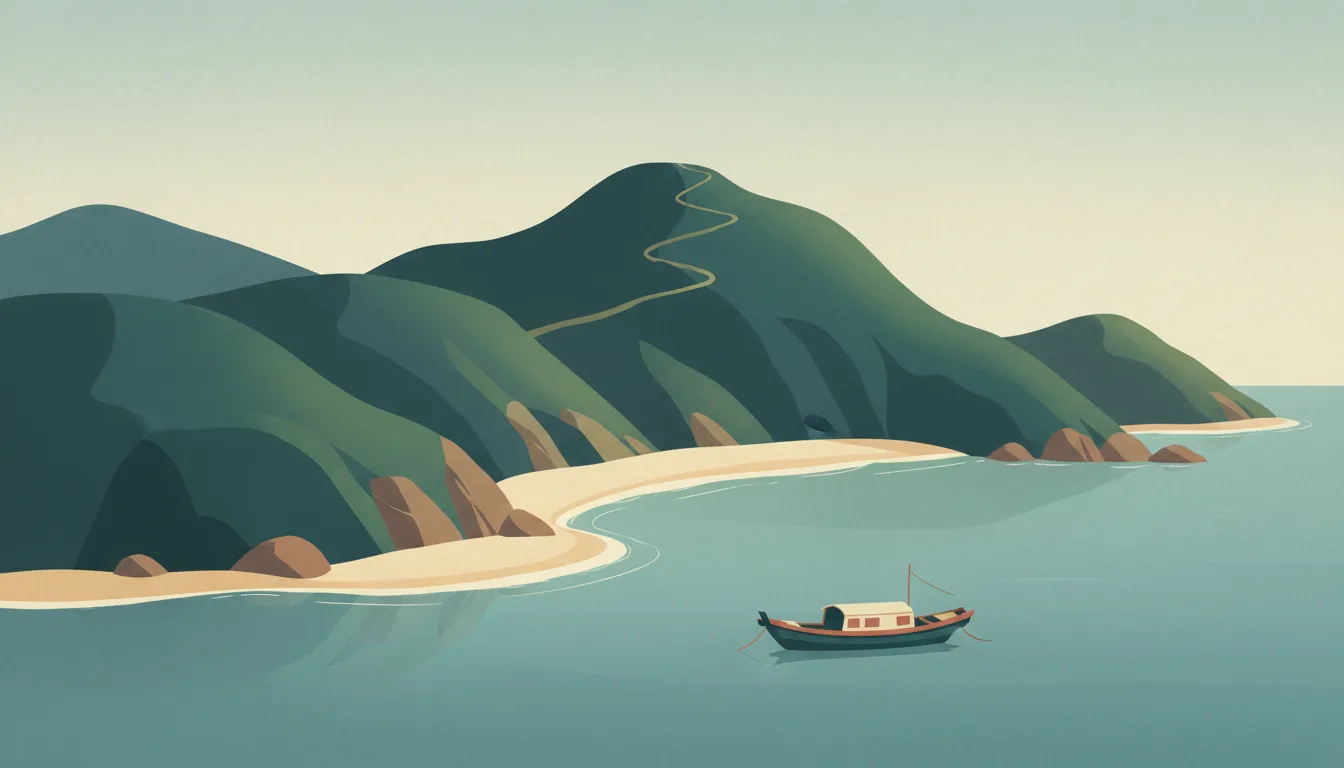 Editorial illustration of sai Kung: green headlands and small beaches on a calm bay with a sampan and a hilltop trail.
