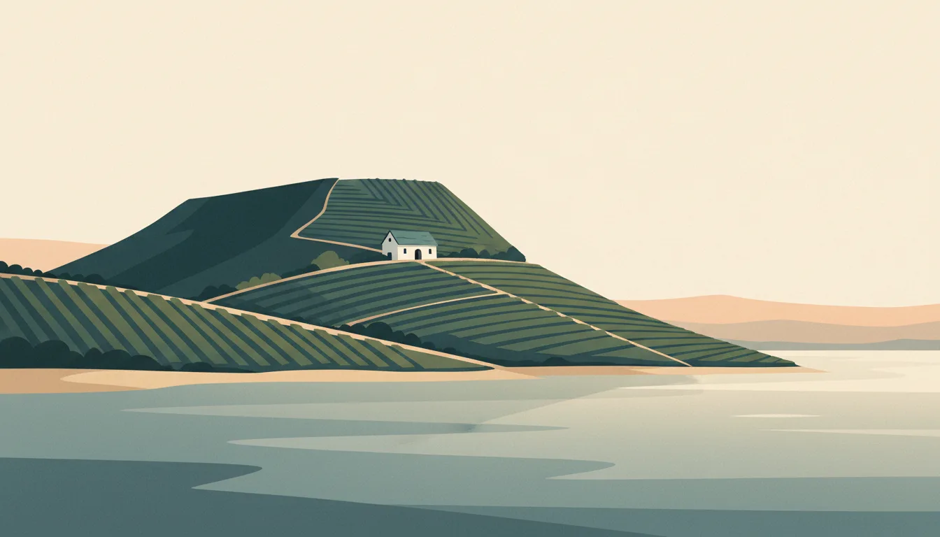 Editorial illustration of Badacsony's vineyard slopes above Lake Balaton with a small white wine-press house.