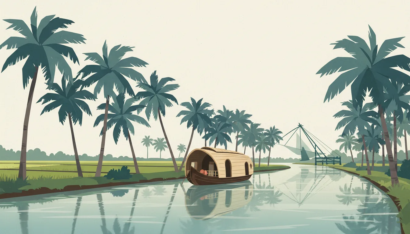 Editorial illustration of a Kerala backwater canal with a wooden kettuvallam houseboat, coconut palms and green paddy.