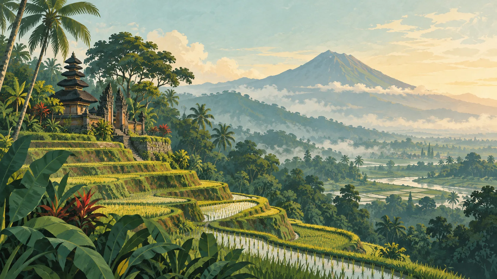 Editorial illustration of Indonesian rice terraces, a temple, volcano and tropical forest.
