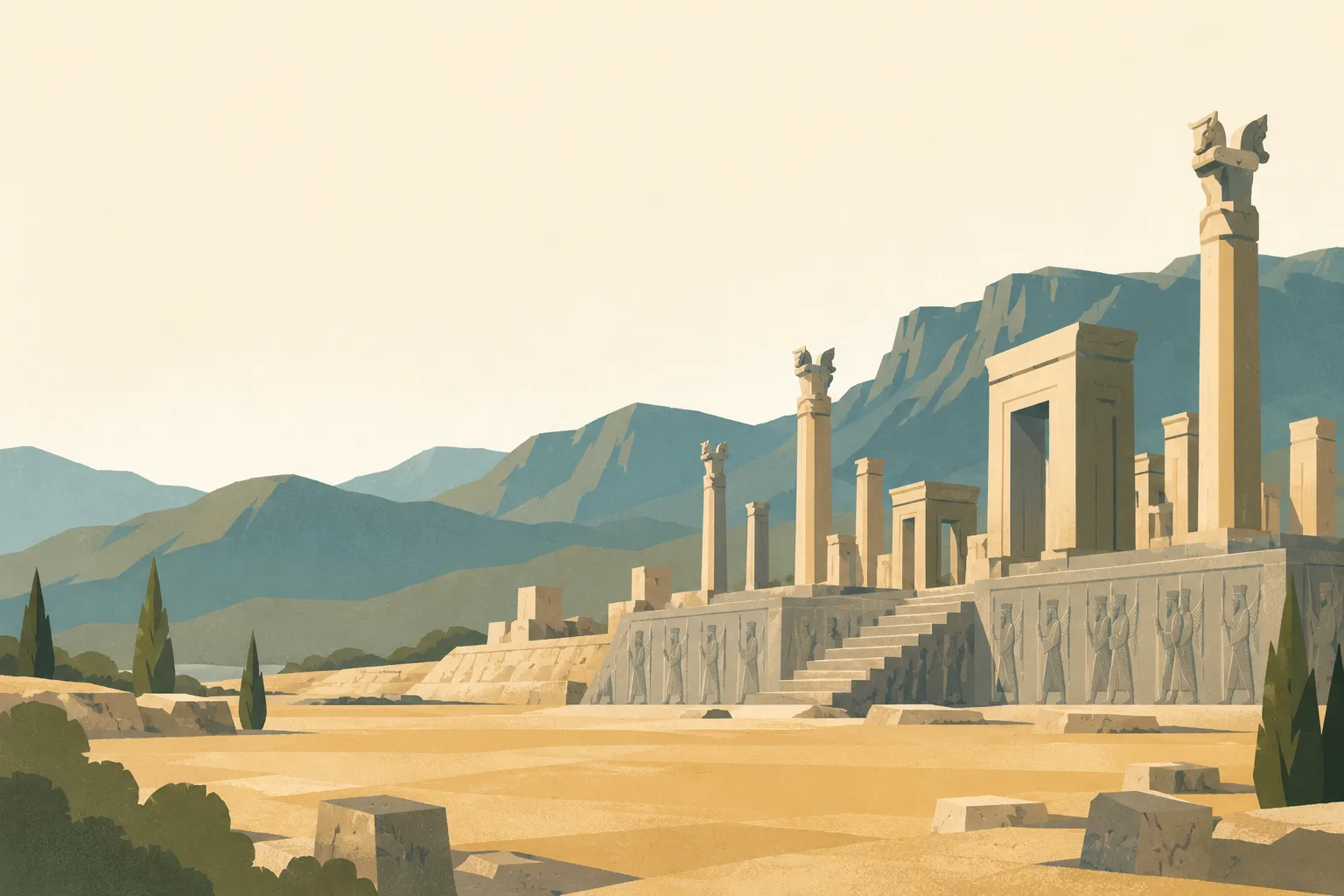 Editorial illustration: The pale stone columns and carved stairway of Persepolis with distant dry mountains, quiet broad ochre foreground and an ivory sky.