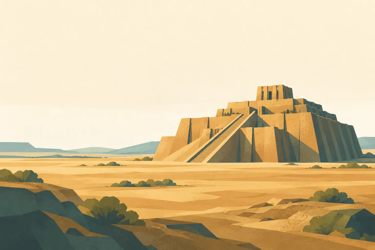 Editorial illustration: The stepped mud-brick Great Ziggurat of Ur on a broad quiet ochre plain, simple historic form, warm ivory sky.