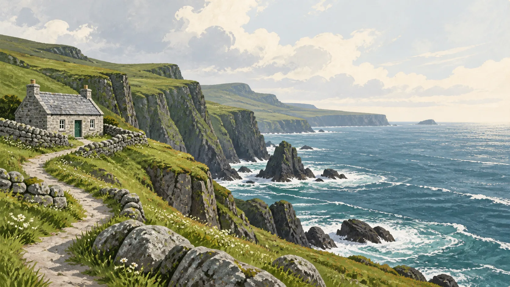 Editorial illustration of an Irish Atlantic coast, stone cottage, green cliffs and a winding path.