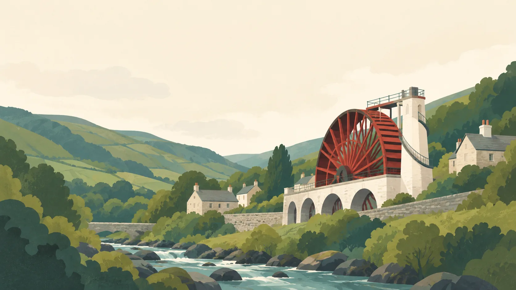 Editorial illustration of The Isle of Man: the great red Laxey waterwheel set among soft green valley slopes and a few pale stone village buildings, warm overcast sky.