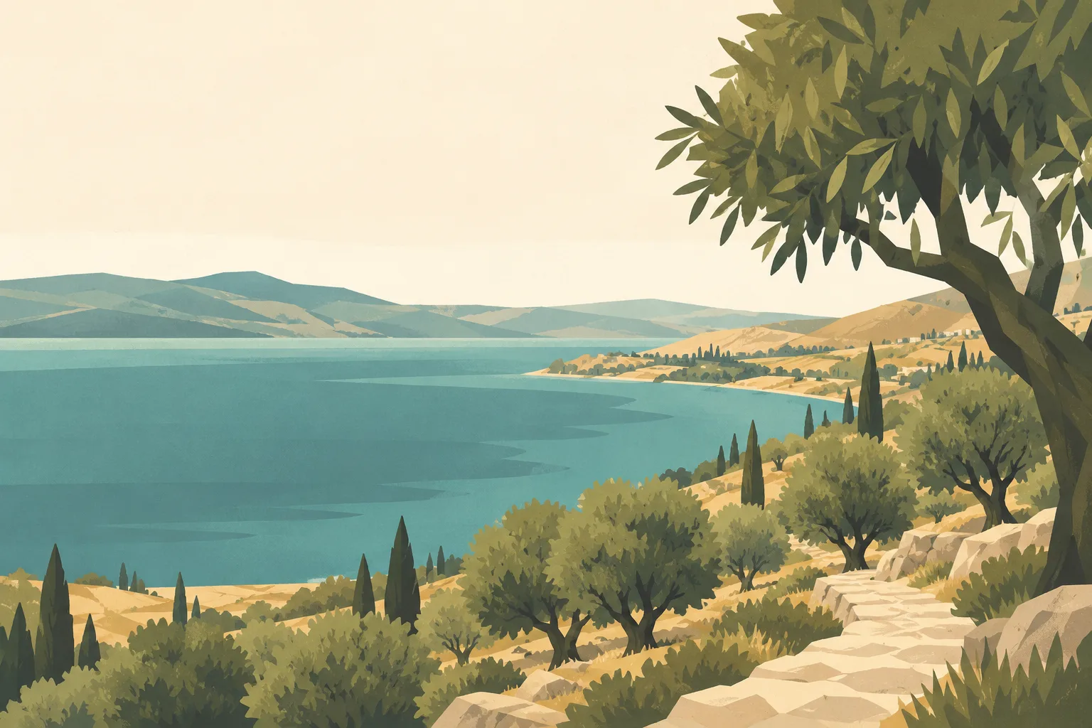 Editorial illustration: A quiet view over the Sea of Galilee from an olive grove, tawny hills around subdued teal water and a simple pale stone path.