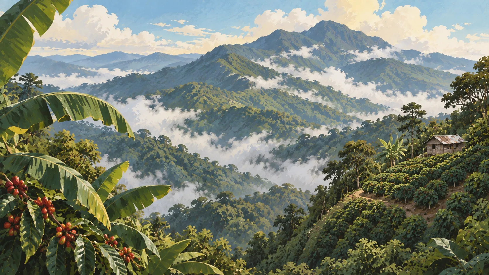 Editorial illustration of Jamaica's misty Blue Mountains, steep coffee plots and broad banana leaves.