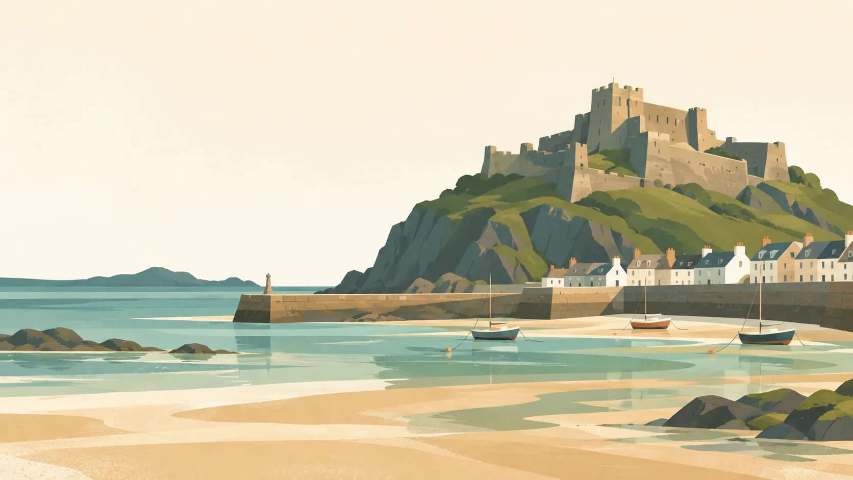 Editorial illustration of Jersey: Mont Orgueil Castle above Gorey's small harbour, a few cream cottages, low tide pale sand and muted teal water, gentle Channel Islands light.
