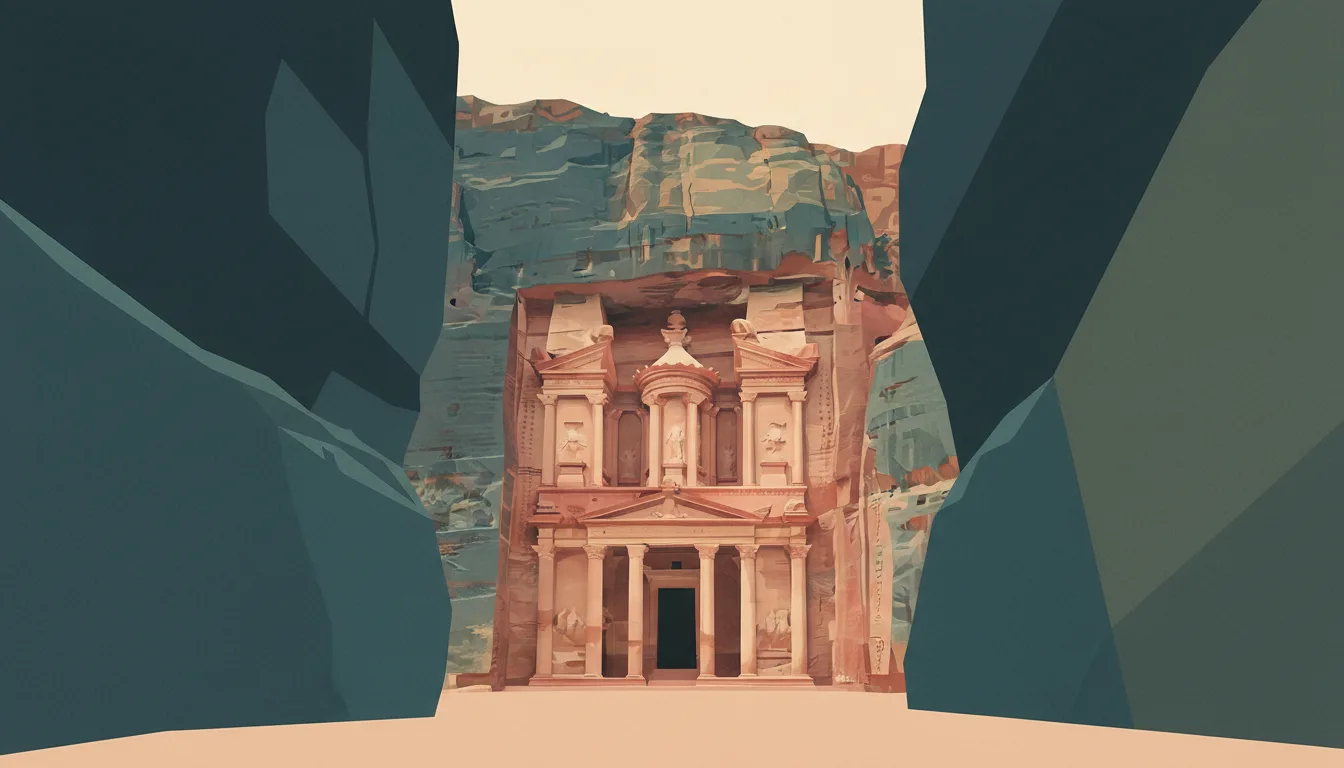 Editorial illustration of Petra's rose sandstone Treasury facade seen through the narrow Siq.