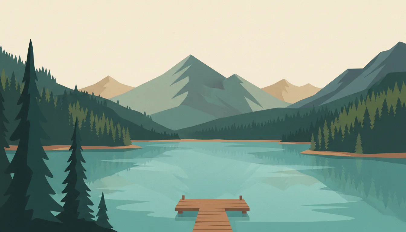 Editorial illustration of kolsai: a turquoise mountain lake between spruce forest and the Tian Shan, one wooden jetty.