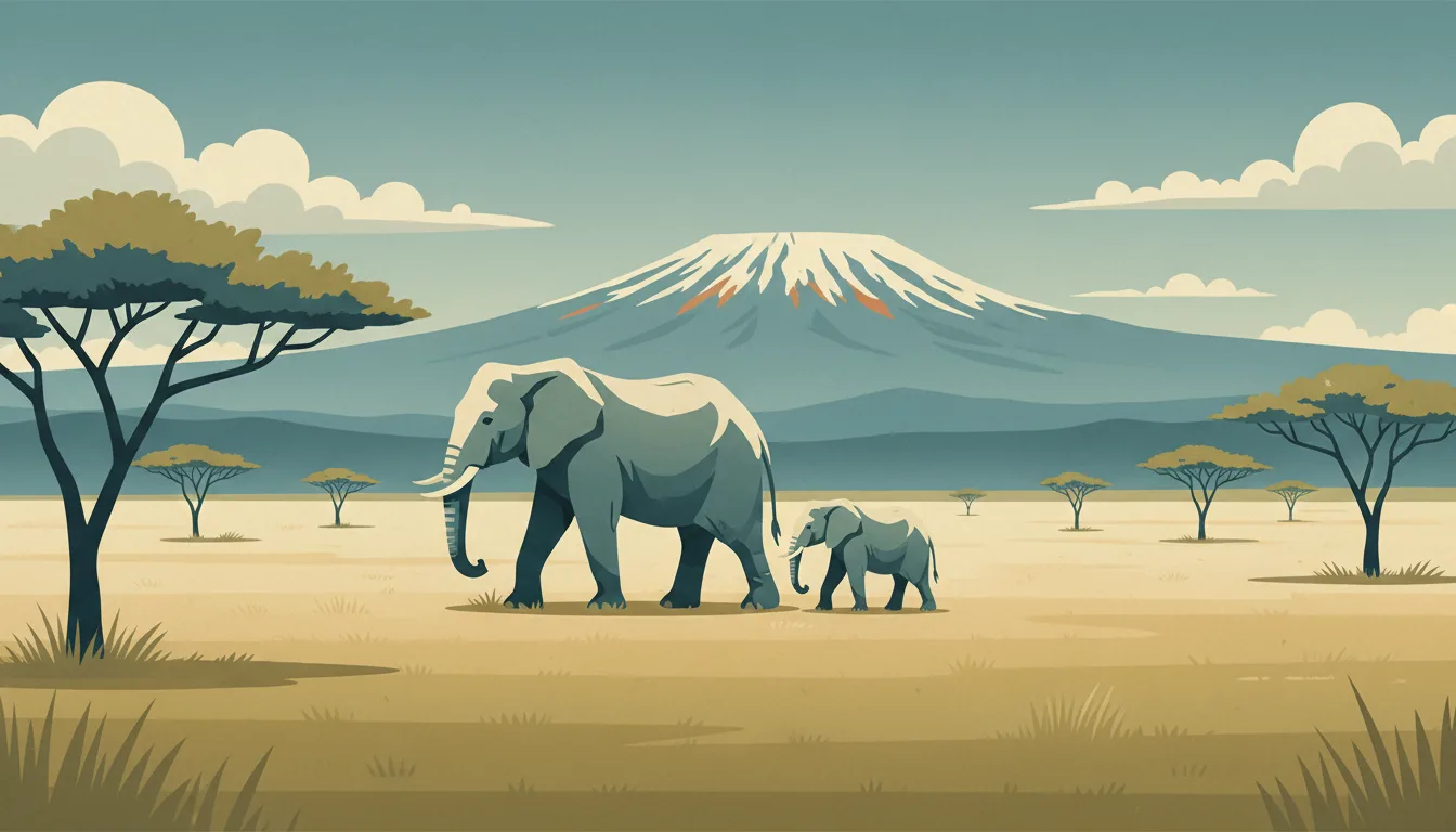 Editorial illustration of an acacia savanna with an elephant family and Kilimanjaro's snow cap on the horizon.