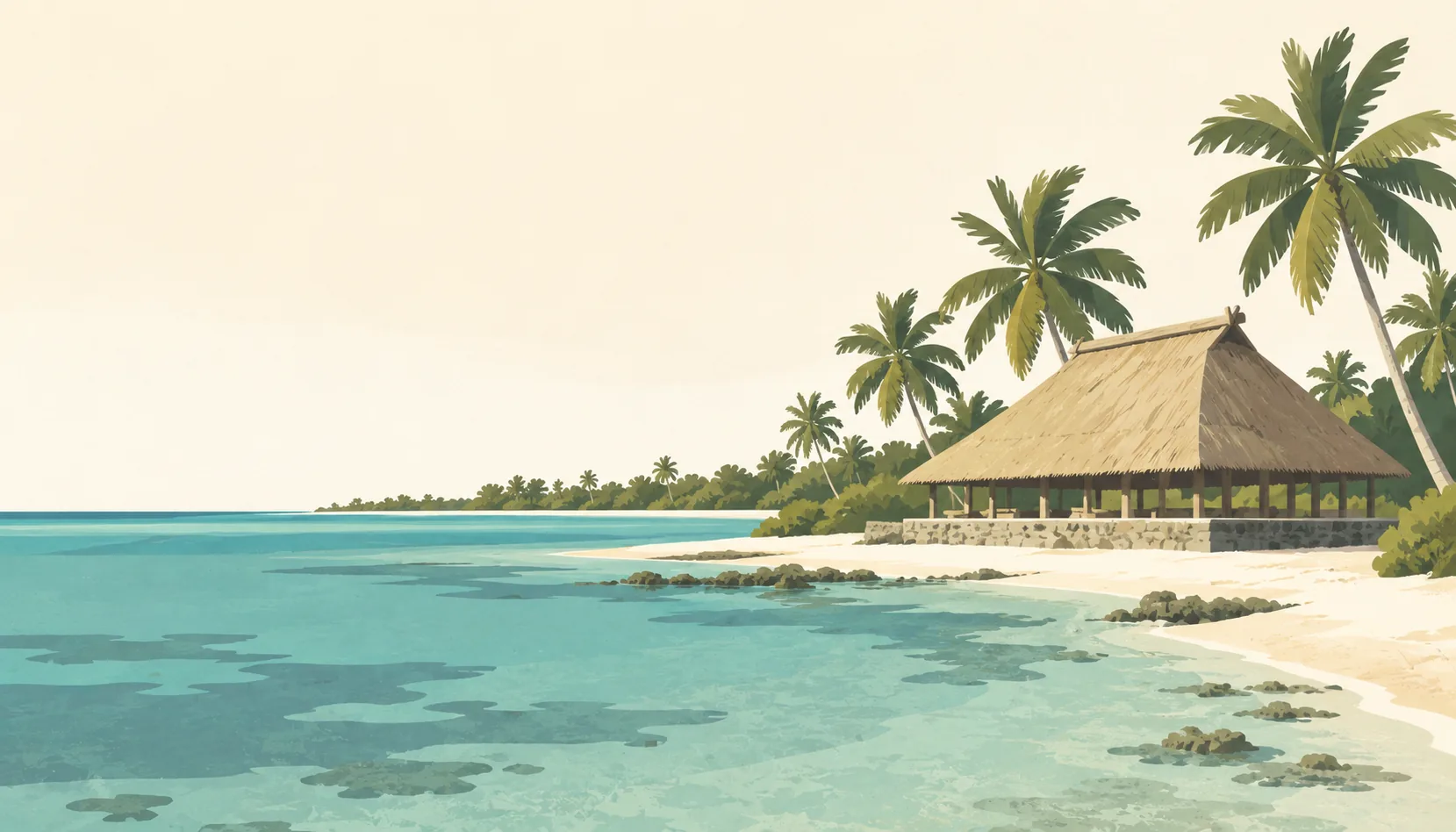 Editorial illustration of Kiribati's South Tarawa: a traditional open-sided thatched maneaba meeting house near the edge of a broad shallow lagoon, a few coconut palms and low coral sand.