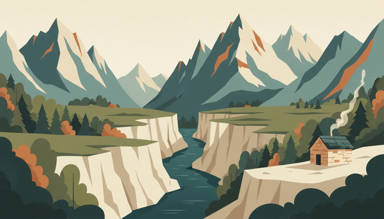 Editorial illustration of the Rugova gorge: a limestone canyon with a river, beech forest and the Accursed Mountains behind.