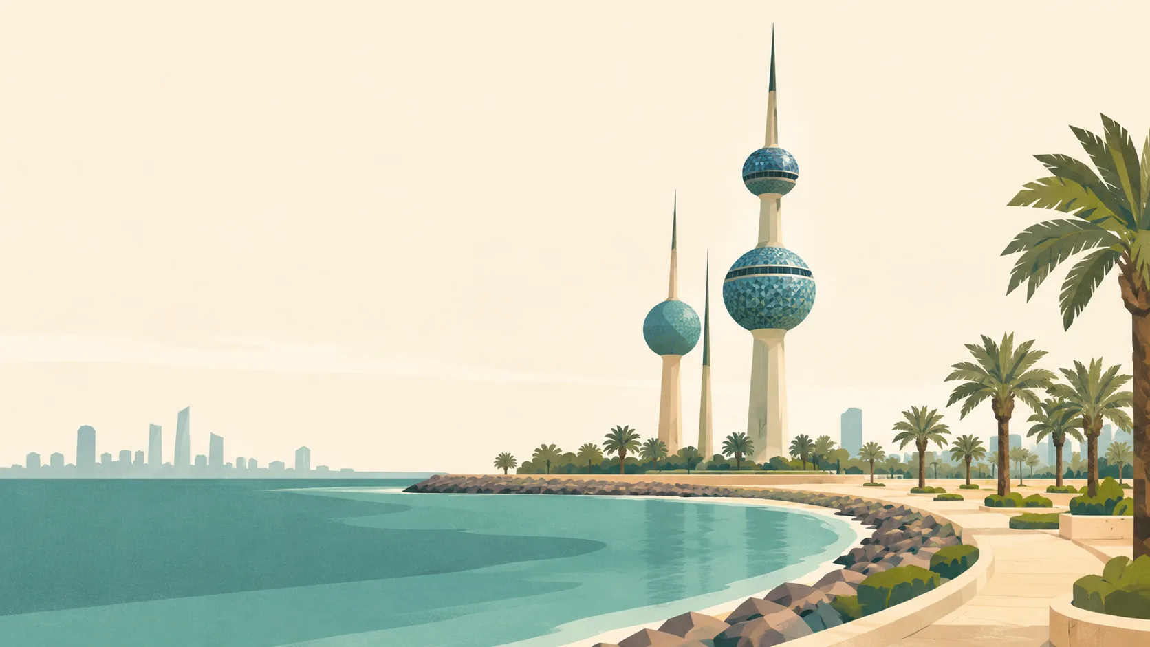 Editorial illustration of Kuwait Towers rising above a calm Gulf corniche with a few palms and pale sandy paths. Distinctive two blue patterned spheres on the taller tower, smaller companion tower, quiet grey-teal sea.