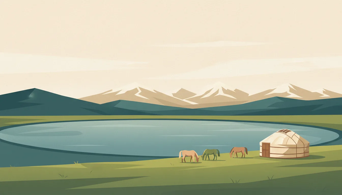 Editorial illustration of song-Kol: a high alpine lake plateau with a felt yurt, grazing horses and distant snow peaks.