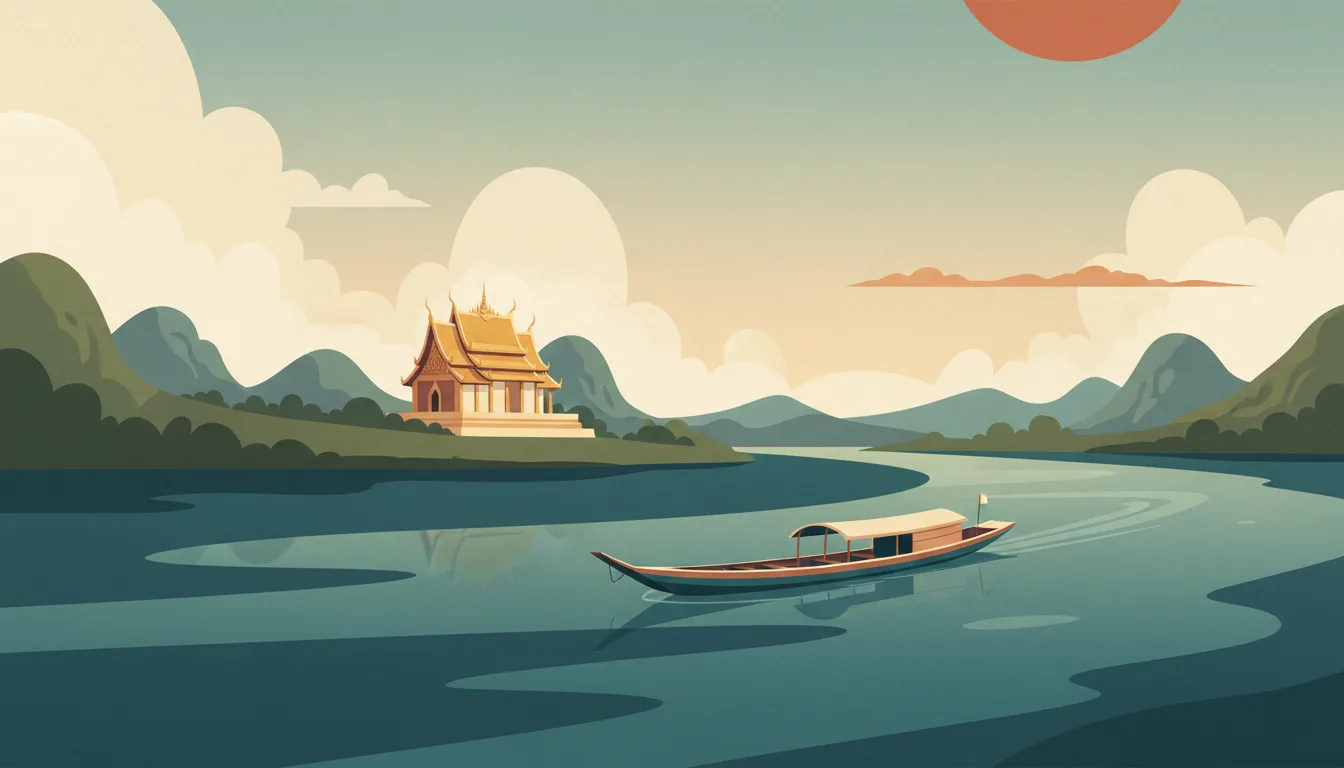 Editorial illustration of a Mekong bend at Luang Prabang with a golden temple roof, limestone hills and a slow boat.