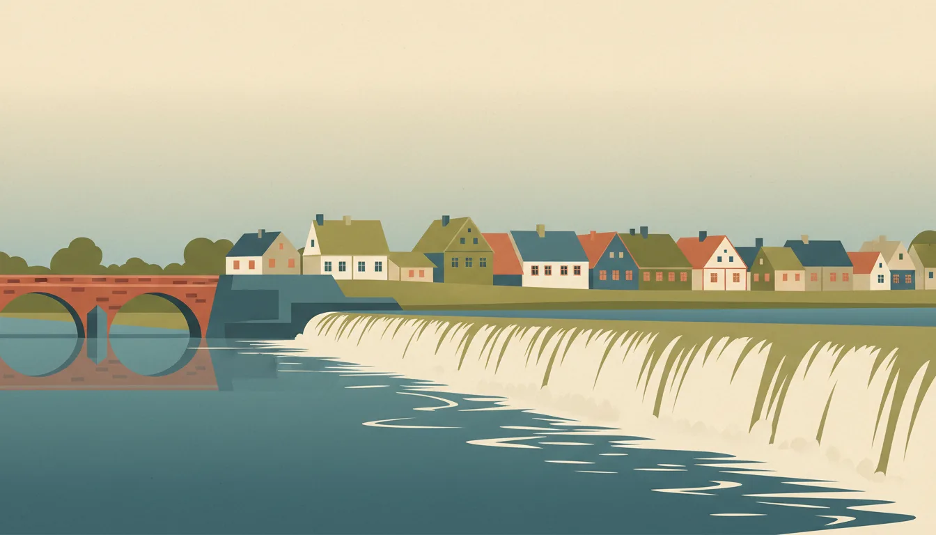 Editorial illustration of the wide Venta waterfall at Kuldīga beside a brick bridge and timber houses.
