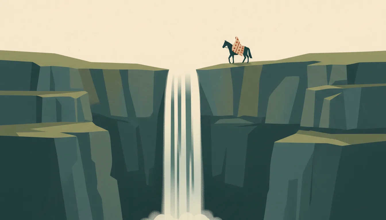 Editorial illustration of semonkong: the Maletsunyane waterfall plunging into its gorge, a rider in a Basotho blanket on the rim.