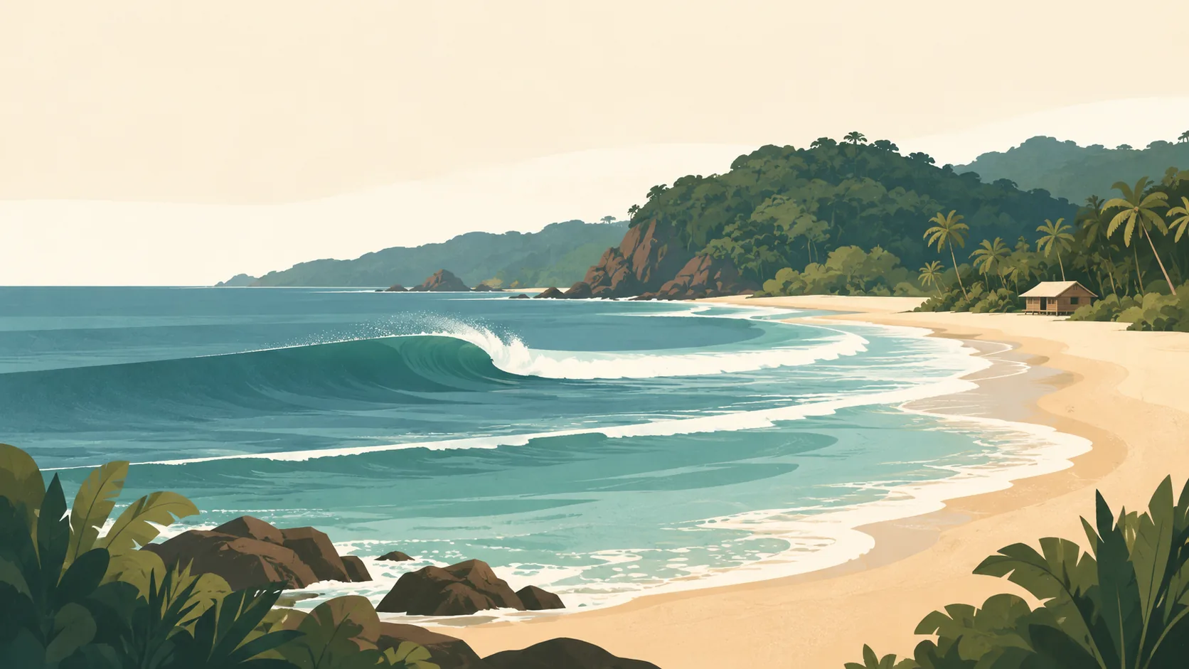 Editorial illustration of Liberia's Robertsport: one long rolling Atlantic wave beside a broad sand point, dark green rainforest headland and one small simple timber beach hut, subdued warm light.