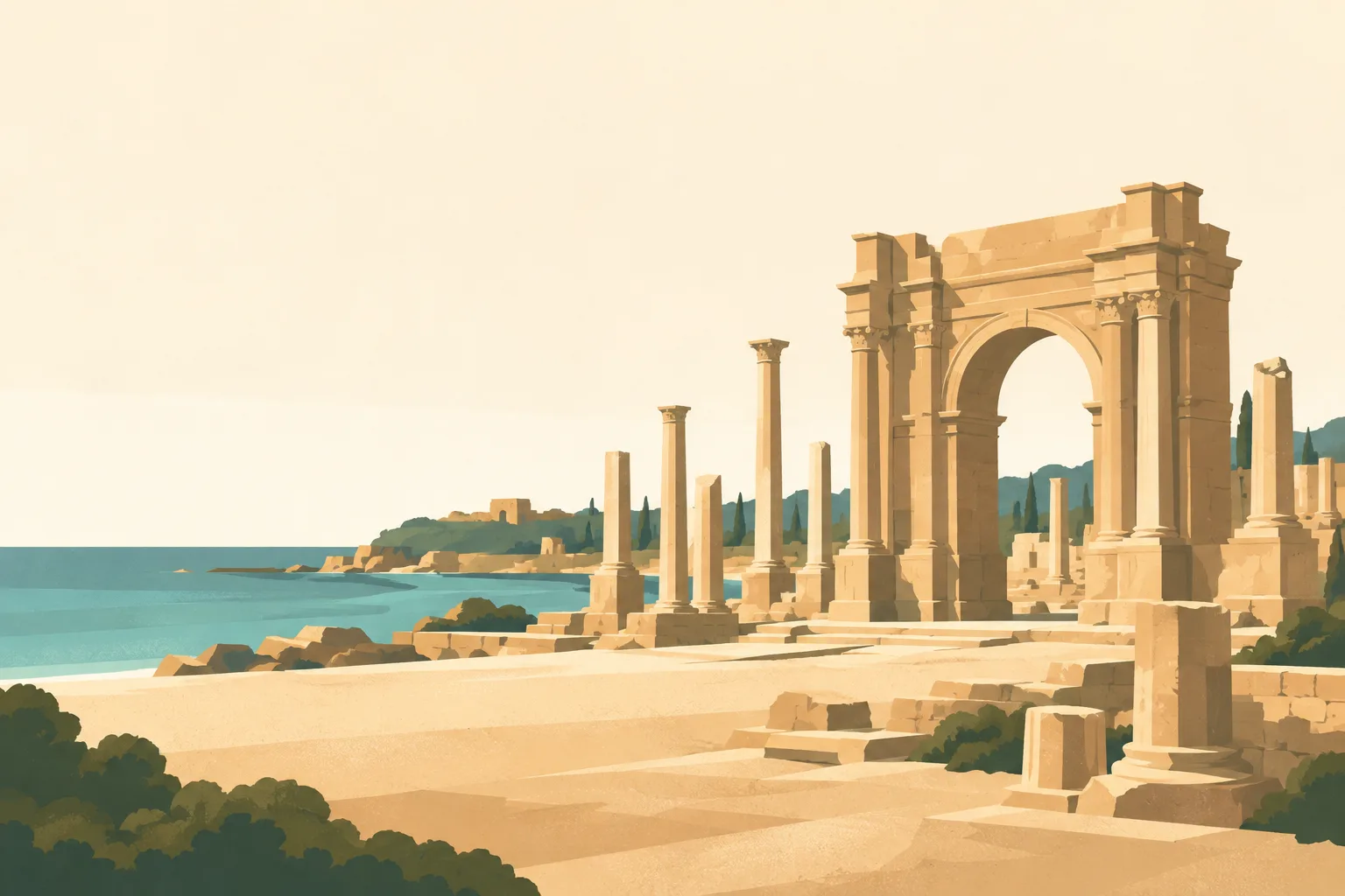 Editorial illustration: The sandstone Roman columns and arch of Leptis Magna beside a thin strip of muted Mediterranean sea, broad quiet sandy foreground.
